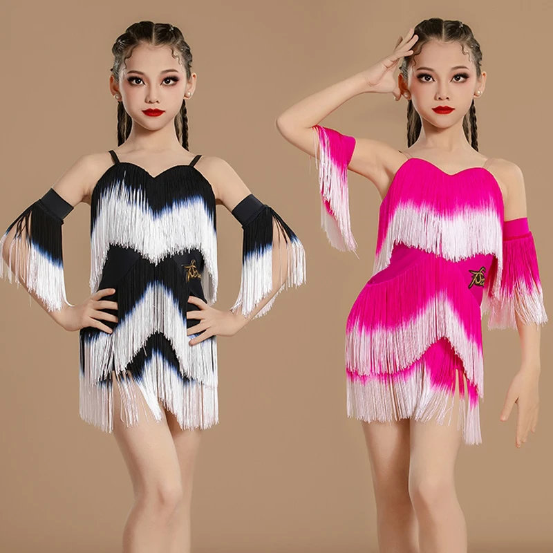 

2025 Girls Latin Dance Competition Dress Gradient Color Tassel Dress Cha Cha Samba Dance Costume Performance Dress Women BL15216