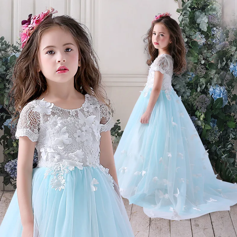 

Sky Blue A-line Flower Girl Dresses For Wedding Lace Tulle Appliques Cap Sleeves Kids First Communion Dresses Ball Gowns