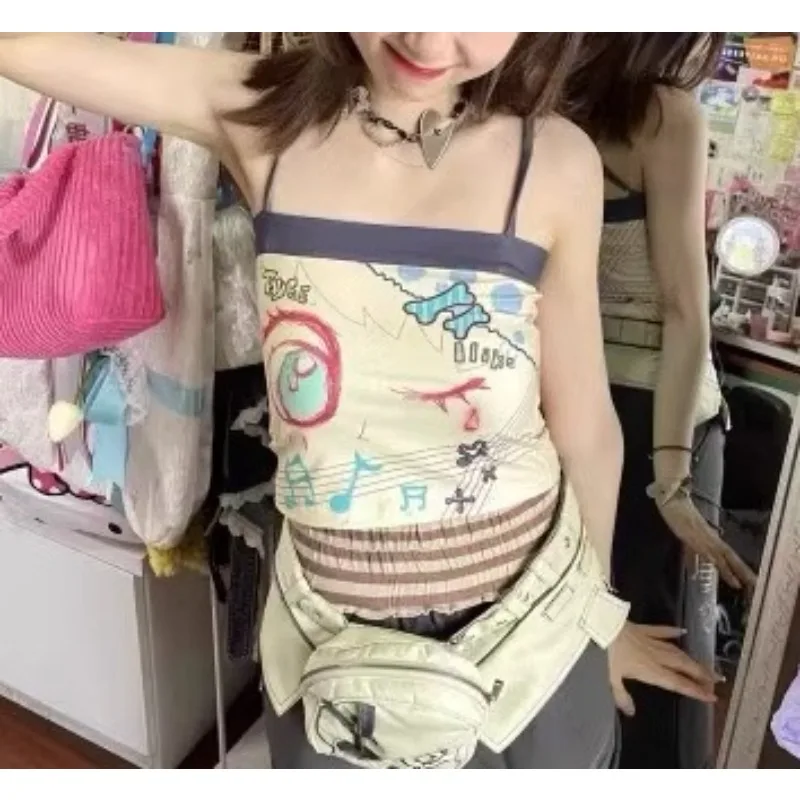 

Sexy Cute Print Halter Tank Female Sweet Short Sleeveless Summer 2024 Camis Y2k Harajuku Women Fashion Casual Japan Top