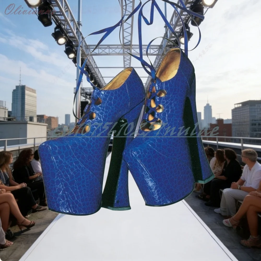 

Deep Blue Stoneprint Strappy Shallow Pumps 22cm Chunky High Heel Platform Runway Styel Fashion Women Shoes 2026 Para Mujere