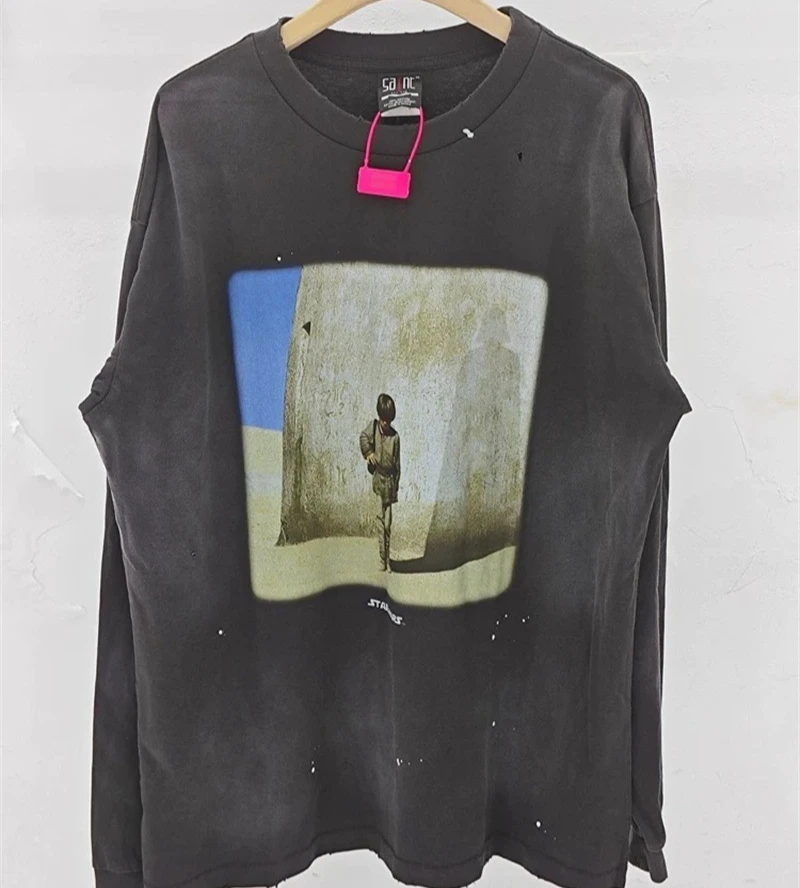 Saint Michael HIP HOP Long Sleeved T Shirts Men Women Oversized Vintage Black Washed Pullovers