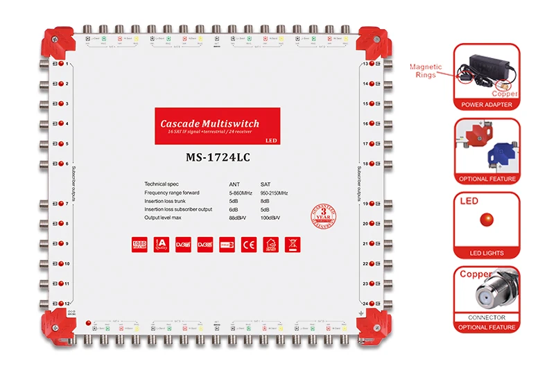 17 entrées 24 sorties Satellite Multiswitch Diseqc 2.0 C et Ku Band Cascadae Satellite Multiswitch