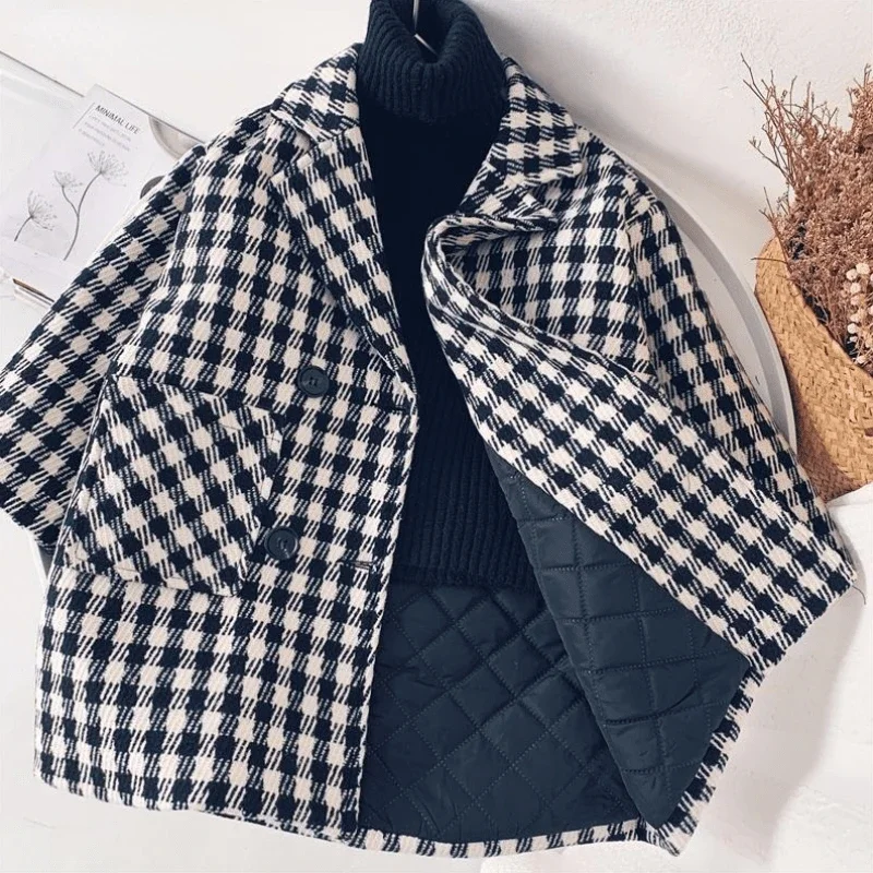 Winter Baby Boy Woolen Plaid Jacket Long Double Breasted Warm Toddler Girls Lapel Tweed Coat Cotton Padded Outwear Kids Clothes