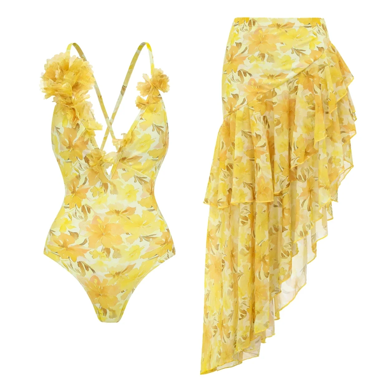 

Appliques Yellow Lily Floral Print One Piece Swimsuit and Sarong Women Beachwear Luxury Bathing Suit