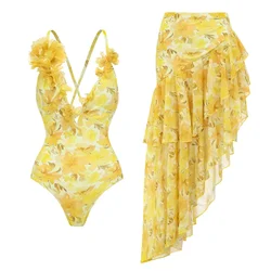 Appliques Yellow Lily Floral Print One Piece Swimsuit and Sarong Women Beachwear Luxury Bathing Suit