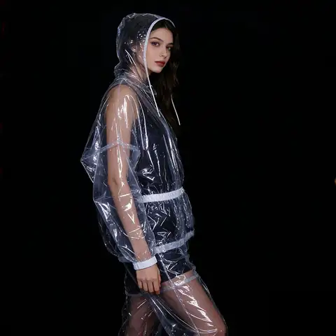 Transparent Women Man Hooded Clear PVC Waterproof Rainproof Jumpsuit Raincoat with Trousers Suit Run Motor Biker