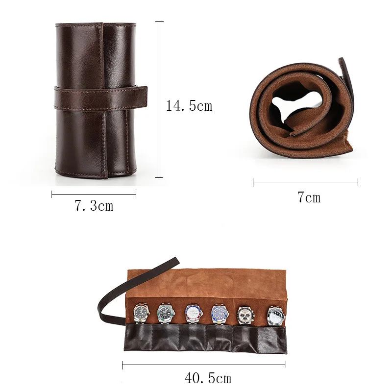 Leather Watch Box Organizer for Men Travel Storage Bag Luxury Retro Oil Wax Skin Roll Up Package Case for Watch Portable Display