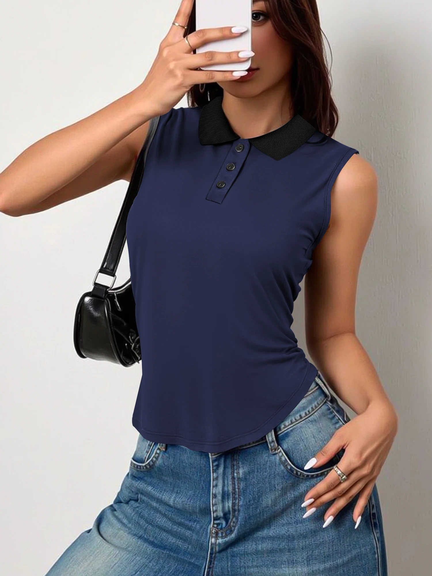 Polished Office‑Core Polo Vest, Front‑Button Sleeveless Blouse for After‑Work Social Gatherings