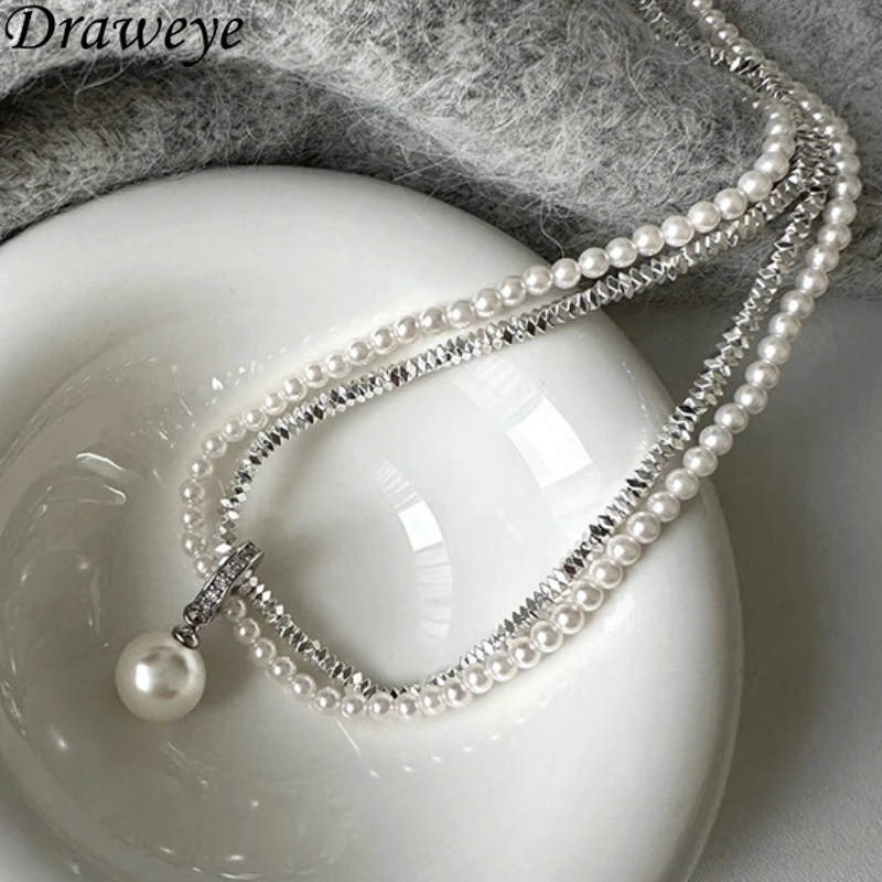 Draweye Double Layered Pearls Necklaces for Womn Korean Fashion Elegant Simple Collares Para Mujer Vinatge Pendant Jewelry