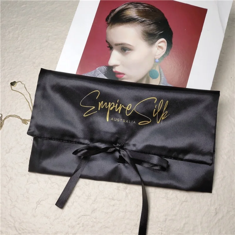 custom.Custom Silver Black Silk Satin Envelope Flap Jewelry Pouch Satin Silk Dust Bags With Ribbon Tie