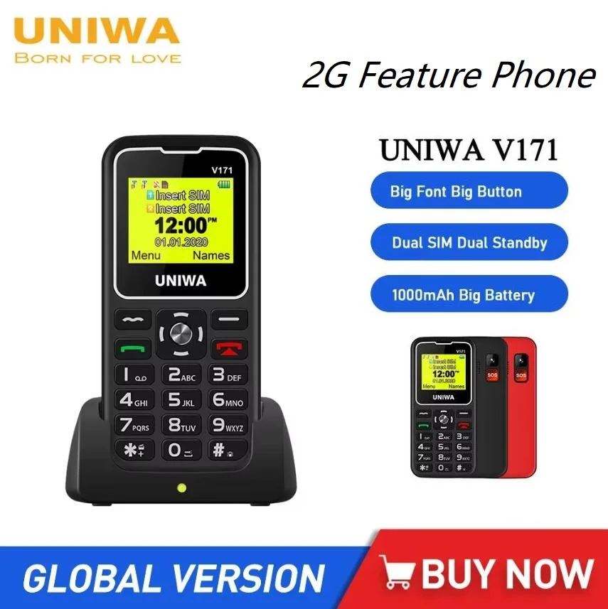 UNIWA V171 Feature Phone 2G GMS 1.77 Inch Wireless FM Senior Mobile Phone 1000mAh Free Charge Dock SOS Elderly People Cell phone