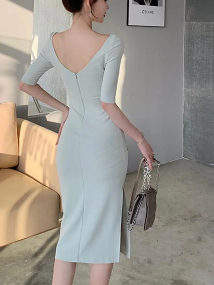 2022 Summer New Elegant Midi Party Dress For Women Office Lady Solid One Piece Slim Bodycon Clothing Femme Fashion Vestidos