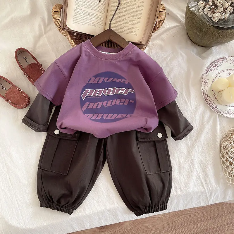 Autumn Children Clothing Korean Boys cotton Fake 2 Pcs Long Sleeved T-shirt+Ankle-length Pants 2pcs Suit Casual Spring Tracksuit