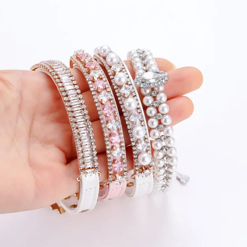Collar de perlas con diamantes de imitación de cristal para perro y gato, correa ajustable de cuero PU para el cuello, accesorios para perros