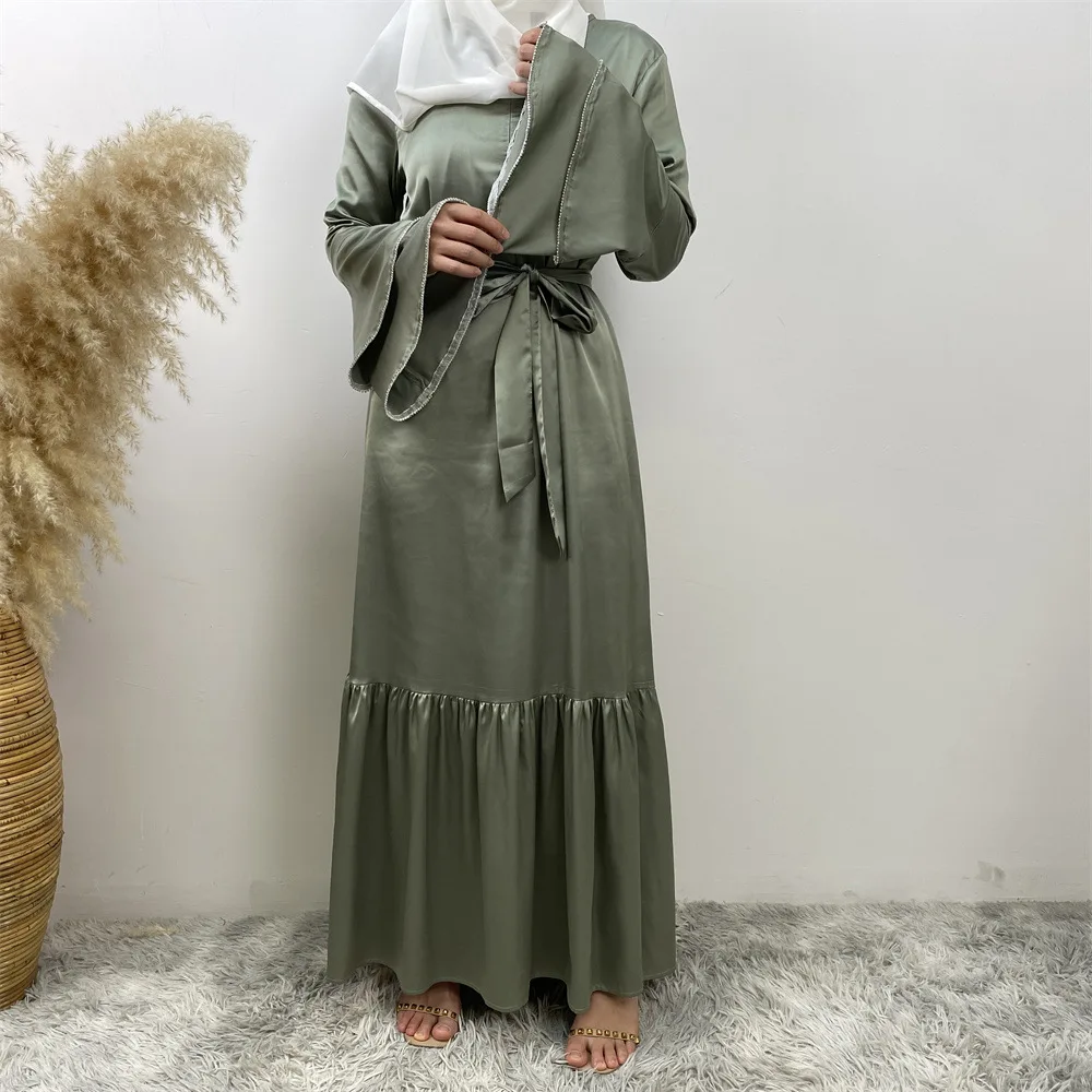 Abayas cetim para mulheres, vestido de festa muçulmano, Dubai Kaftan, Turquia Robe, Eid Jalabiya, Ramadan Islam Vestuário, vestido árabe, manga flare