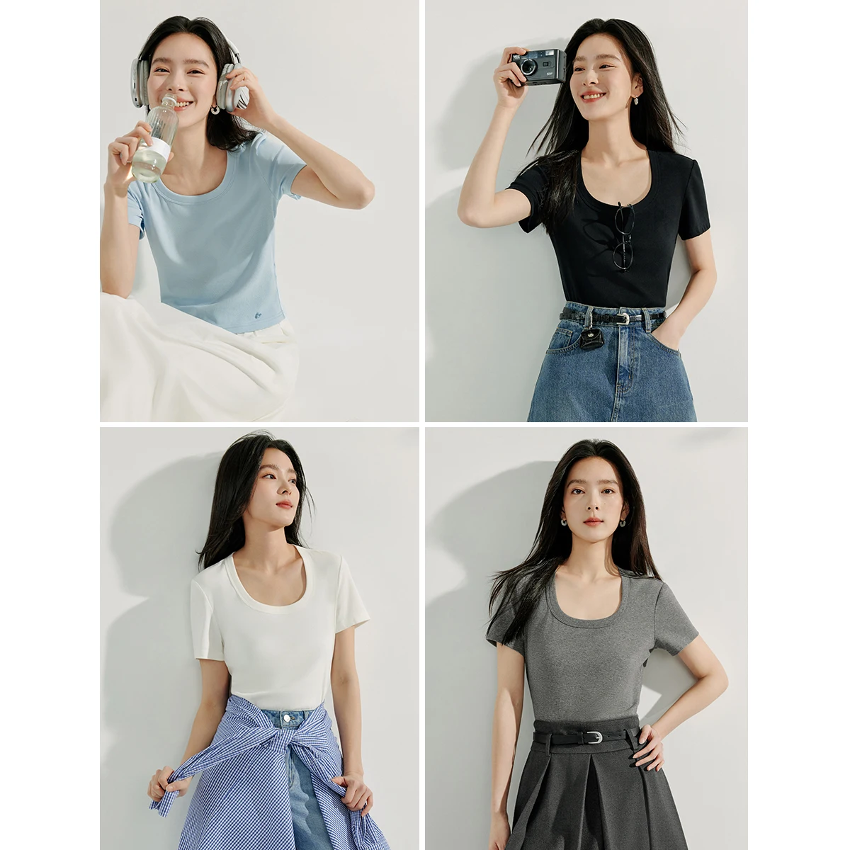 Inman basique multicolore col en U T-Shirt à manches courtes 2025 été femmes nouveau mince ajusté couleur unie haut à épaules régulières