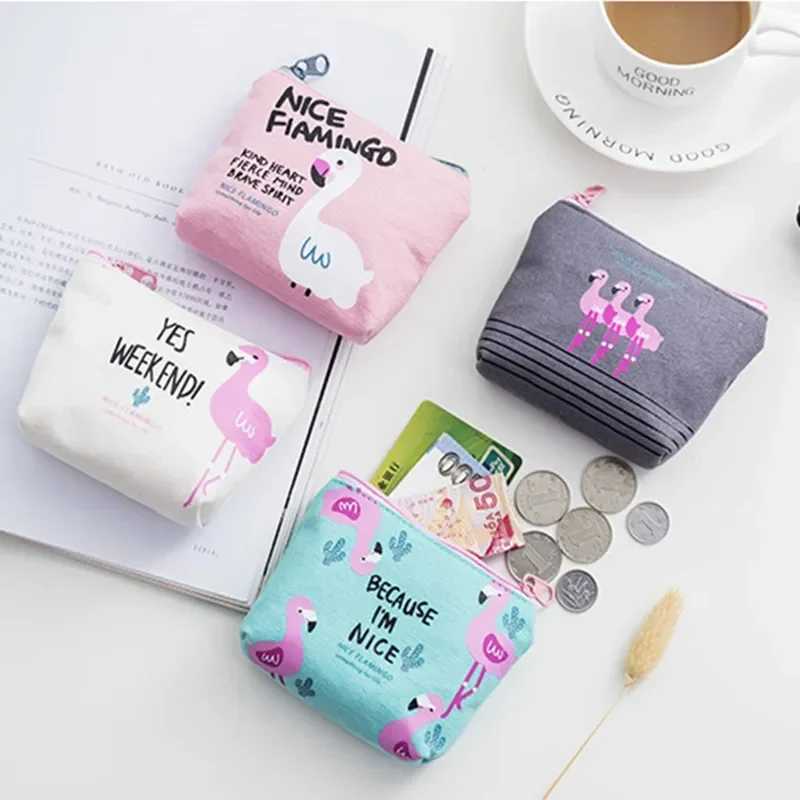 Creative Cartoon Flamingo Print Canvas Zipper Coin Purse Portable Cute Wallet Coin Bag Earphone Data Cable Card Holder Organizer