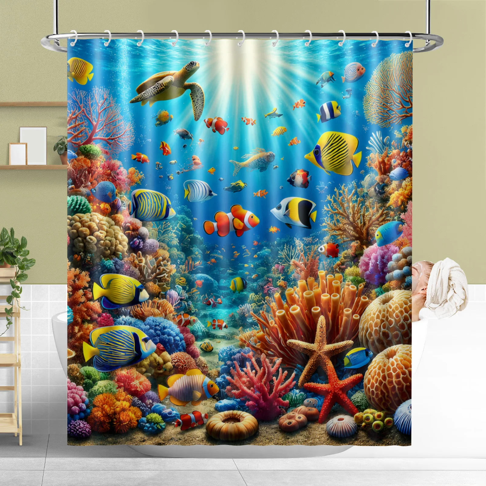 Under The Sea Coral Fish Turtle Shower Curtain with Hook Waterproof Polyester Fabric Bathroom Modern Curtains Decor Bath Room