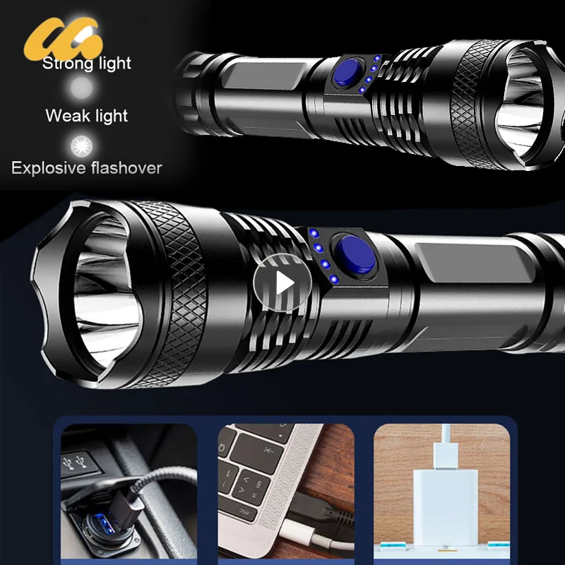 

Самый мощный фонарик с длинным радиусом освещения, высокомощный Тактический USB Перезаряжаемый фонарь, яркий фонарь для кемпинга и охоты