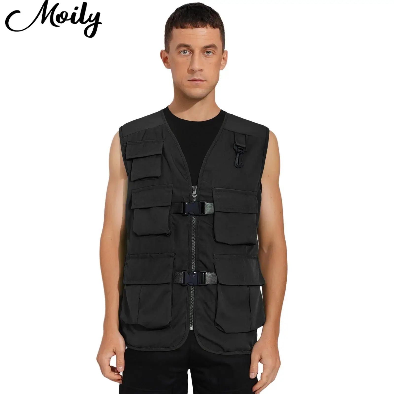 

New Men Women Front Buckles Zipper Cargo Vest Sleeveless Waistcoat with Flap Pockets Hip-Hop Skateboarding Camping Outdoor Wear
