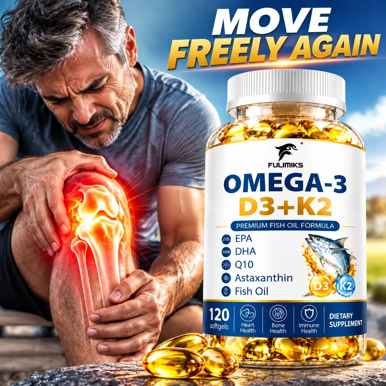Omega-3 D3+K2 Capsules, with EPA, DHA, CoQ10 & Astaxanthin, Support Heart Health, Maintain Bone Strength, Boost Immune System