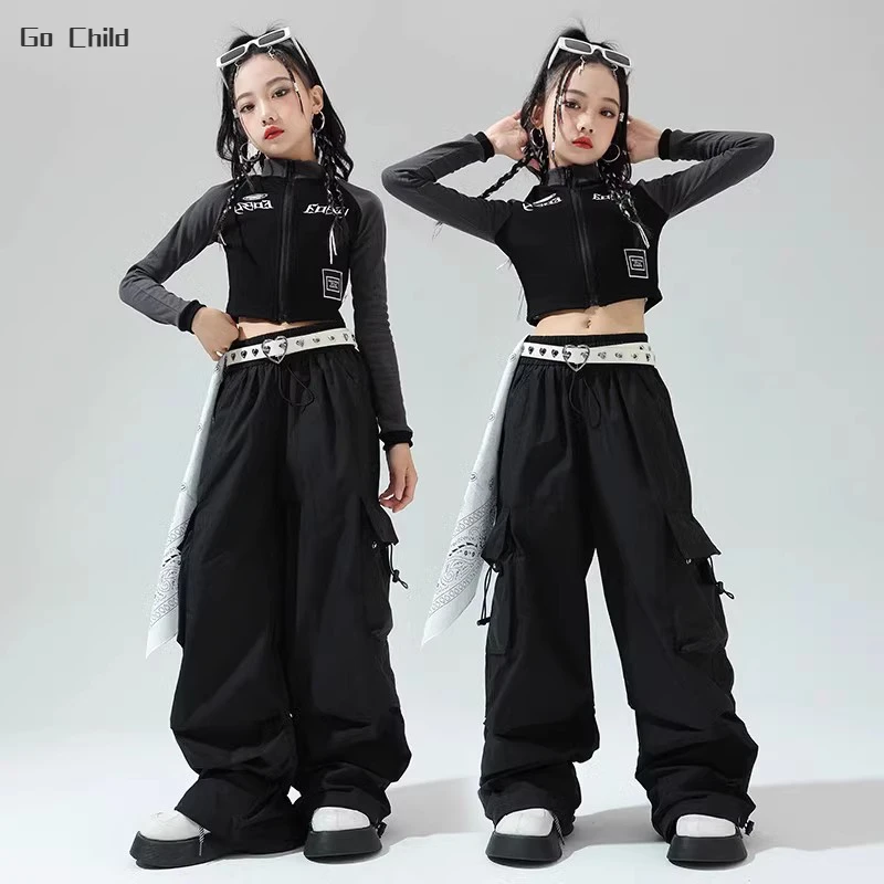 Girls Hip Hop Cropped Jacket Loose Cargo Pants Clothes Sets Children Street Dance Short Coat Kids Streetwear Jazz Stage Costumes