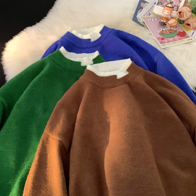 

Мужской свитер с имитацией двухслойности, круглый вырез, утепленный, свободный крой, теплый, зимний, модный, базовый, с длинным рукавом