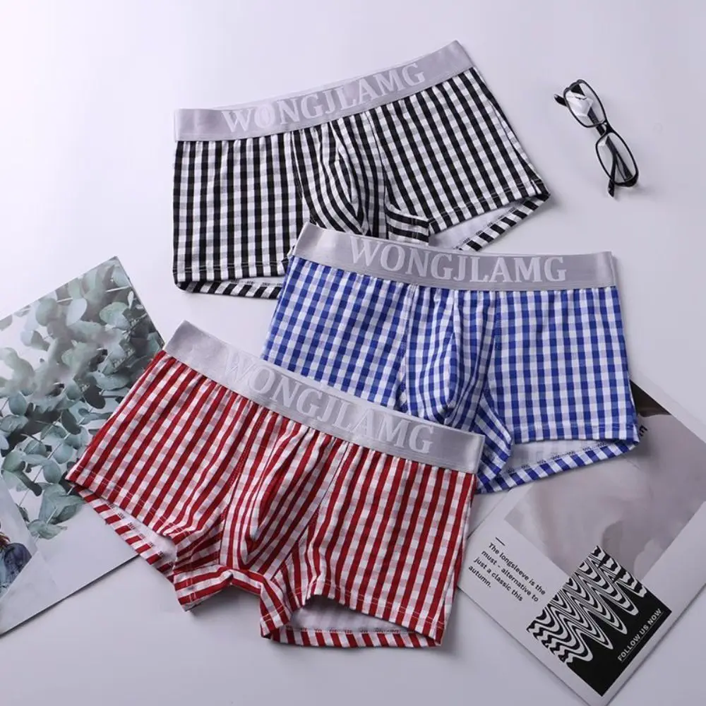 Leisure Baggy Men's Boxer Briefs Loose Breathable Line Grid Shorts Pants Checkered Cotton Bloomers Underwears Boy