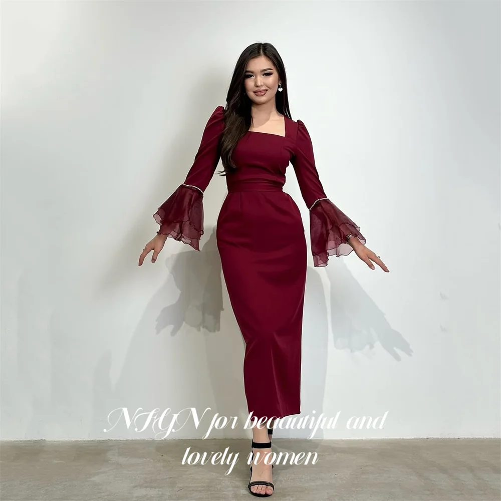 ชุดราตรีสีเบอร์กันดี NFYN คอเหลี่ยม ความยาวปานกลาง แบบเดรสคนดัง แขนชีฟองบาน  ชุดราตรีสำหรับผู้หญิง สามารถสั่งตัดได้