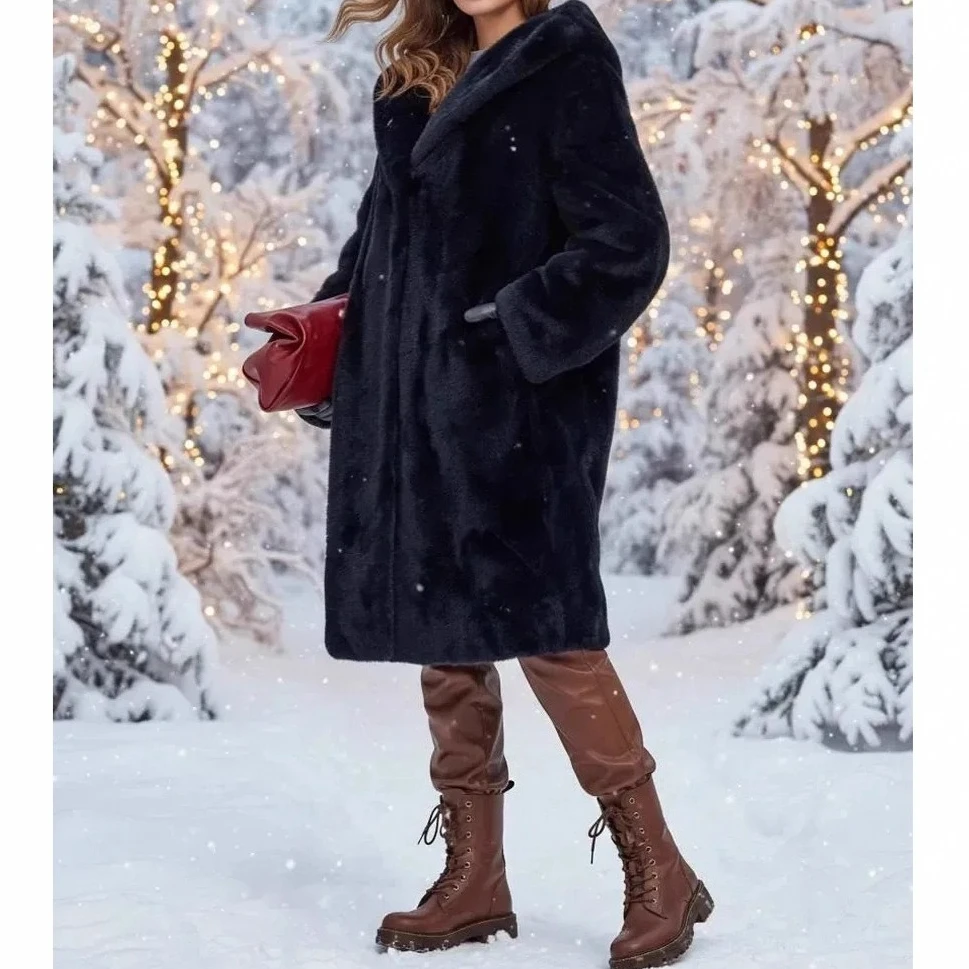 

Women Faux Fur Long Coats Solid Hooded Jackets Full Sleeves Covered Buttons Thick Straight Office Lady Casual 2025 Autumn Winter