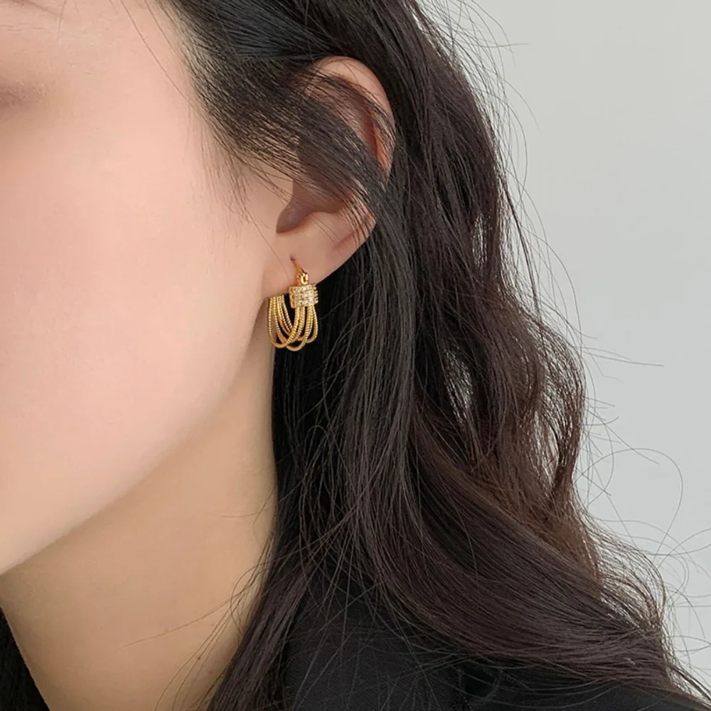 New Korean Temperament 925 Sterling Silver Gold Tone Multi Chain Tassel Row Inlay Zircon Hoop Earrings for Women Allergy Jewelry