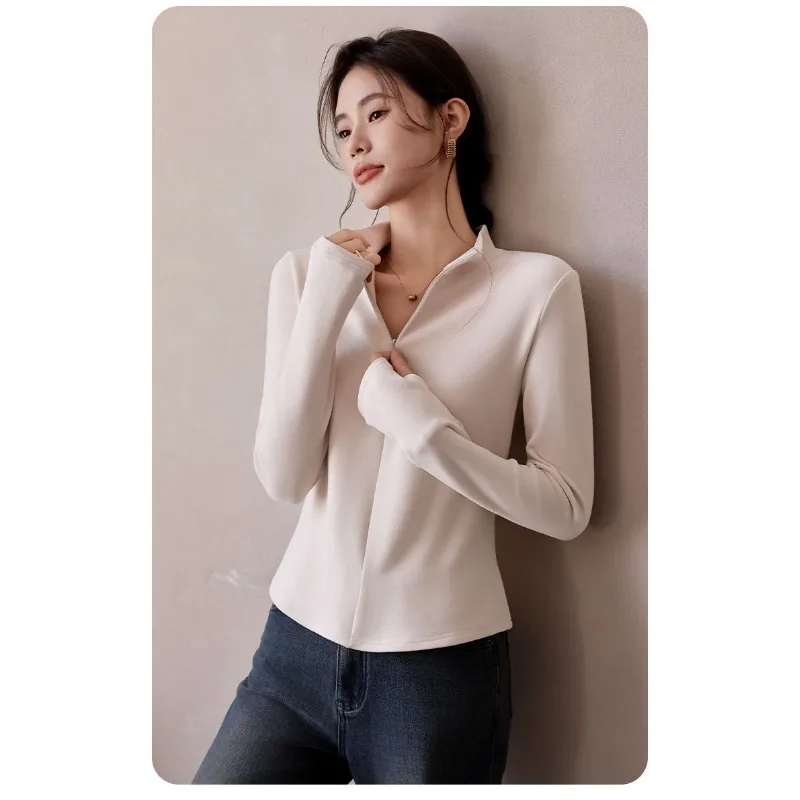 Women Stand Shoulder Half Zip Long Sleeve Top Slim Fit V Neck Base Layer Shirt