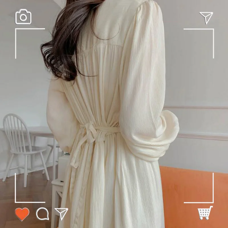 2022 Long Vintage Dresses gentle soft Temperament Lady Korean Japanese Style Flhjlwoc Design Cute Bow Tie Beige White Dress 4209
