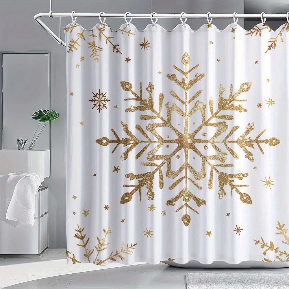 

1pc Gold snowflake pattern Christmas shower curtain, polyester fabric, machine washable, suitable for bathroom decoration