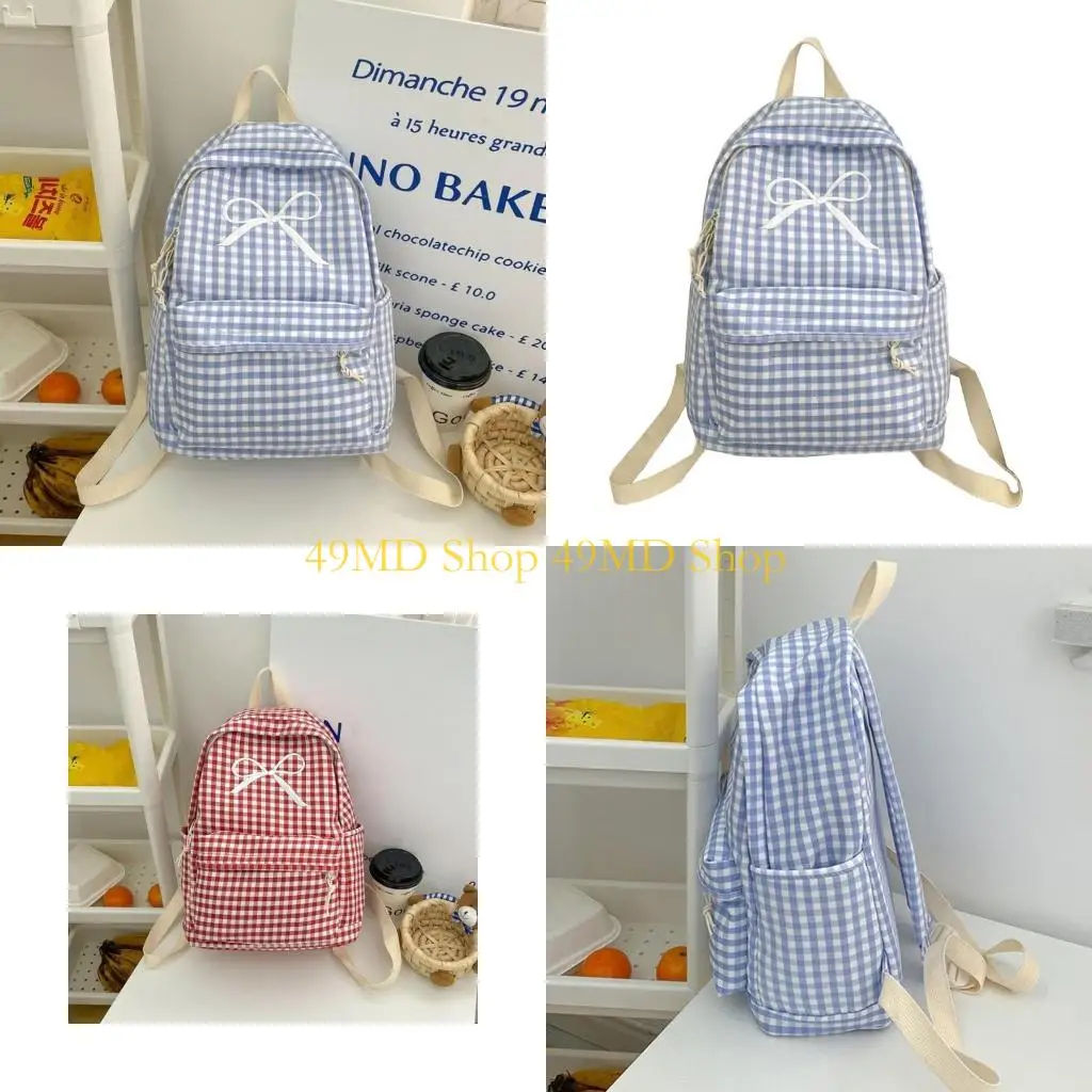 

49MD Women Checkered Pattern Large Capacity Backpack Bowknot Student School Bag