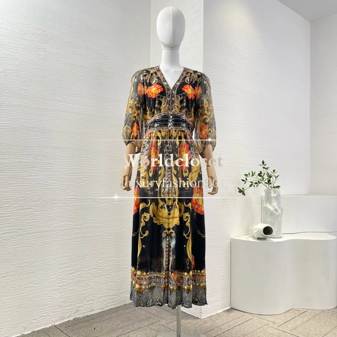 

2025 High Quality Silk Black Golden Floral Print 3/4 Sleeve V Neck Diamonds Midi Dress