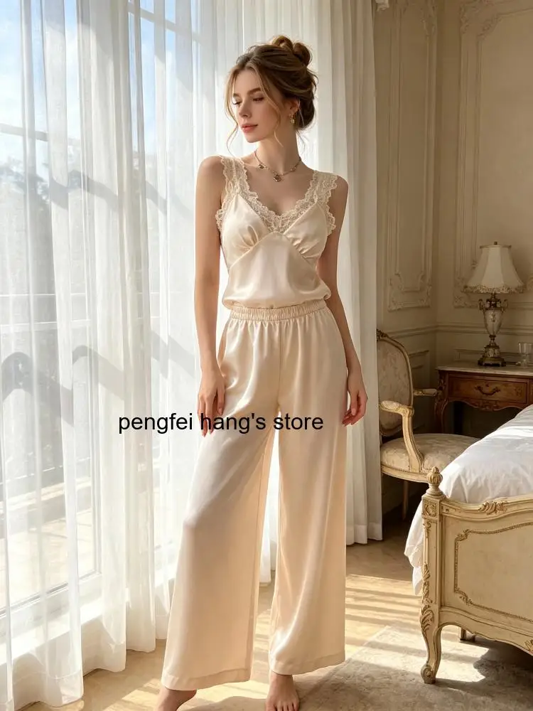 

Women Ice Silk Pajamas Set 2Pcs Sexy Lace Patchwork Sleeveless Strap Top Pants Summer Loungewear Sleepwear