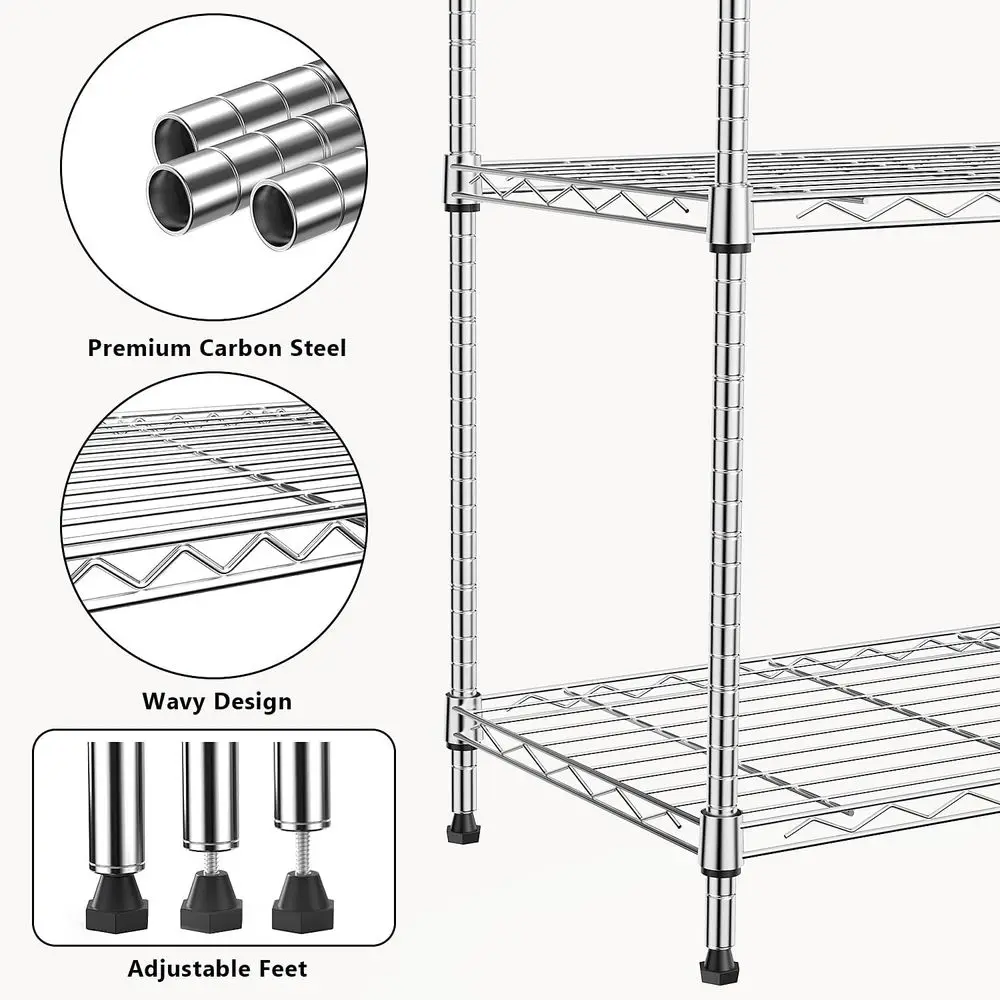 5-Tier Metal Storage Rack with Wheels for Garage, Kitchen, and Laundry - Chrome, 13.7x23.6x62.4