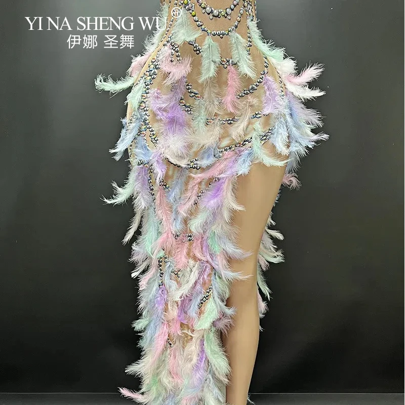 ชุดเต้นลาตินหรูหราสำหรับผู้หญิง ชุดเซ็กซี่แขนกุดสีม่วงประดับคริสตัลและขนนก ชุดแสดงเต้นลาติน ชุดราตรี