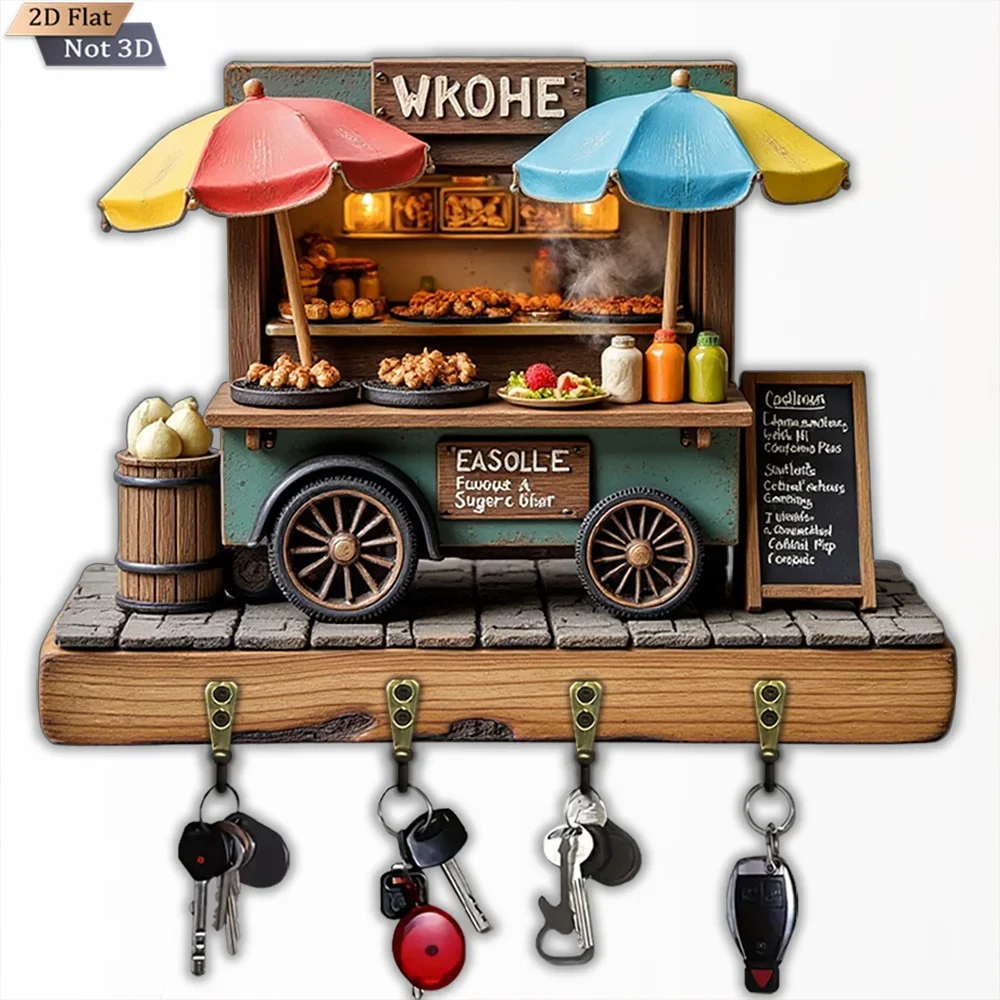 2D Flat, 1pc, Retro Snack Car Shaped Key Hook, Wooden Multifunctional Home House Key Hook, with Four Metal Hooks, Wall