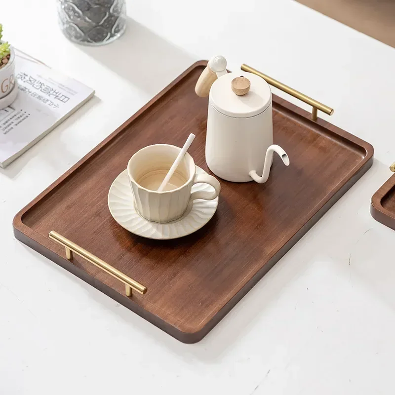 Household With Water Rectangular Cup Sundries Tray Metal Golden Food Bread Handle Organizer Wooden Ebony Tray Fruit Serving for