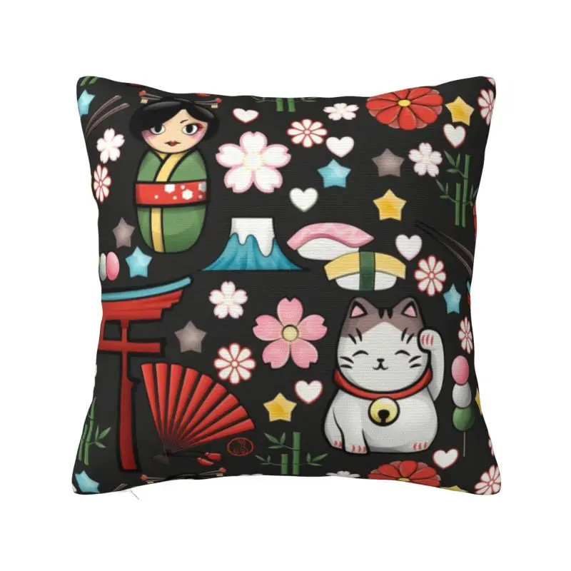 Custom Kawaii Maneki Neko Lucky Cat Throw Pillow Sofa Japanese Geisha Art Nordic Cushion Cover Soft Pillowcase