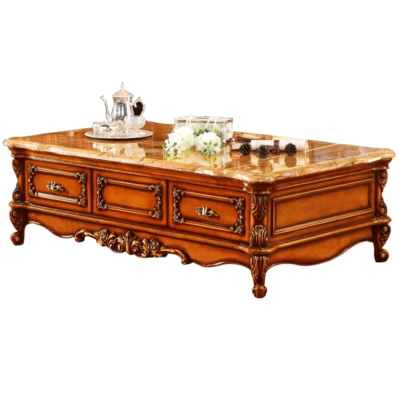 European style marble coffee table, living room, solid wood coffee table, tea table, carved ivory white