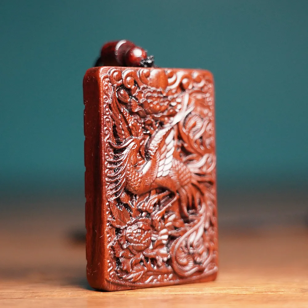 Natural Thunder Struck Jujube Wood Chinese Style Hand Carved Suzaku Phoenix Peony Pendant Good Luck Blessing Peace Fortune Talis
