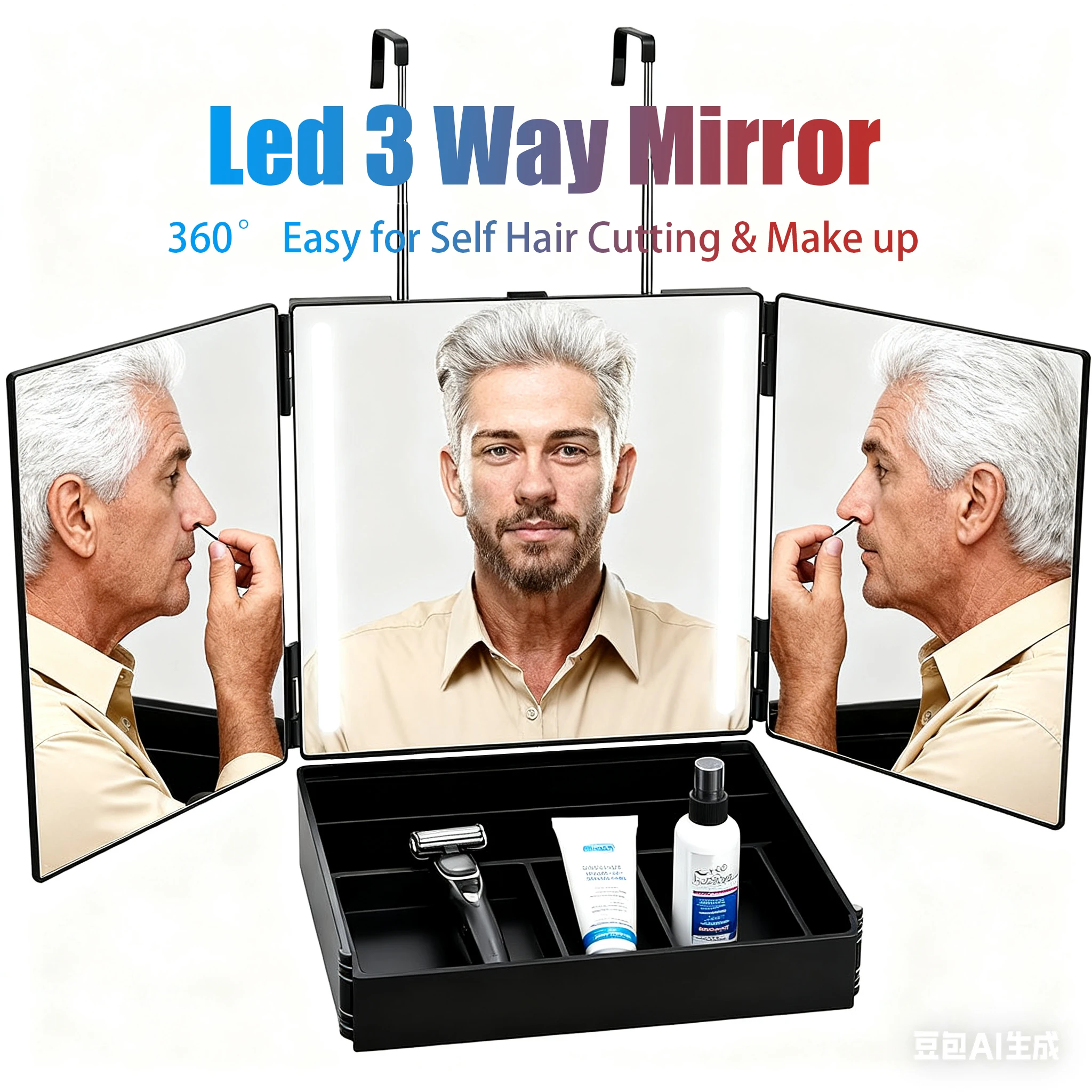 

Перезаряжаемое трехстороннее зеркало для стрижки - светодиодные фонари на 360 градусов ° Вращение для стрижки своими руками, окраски и плетения волос