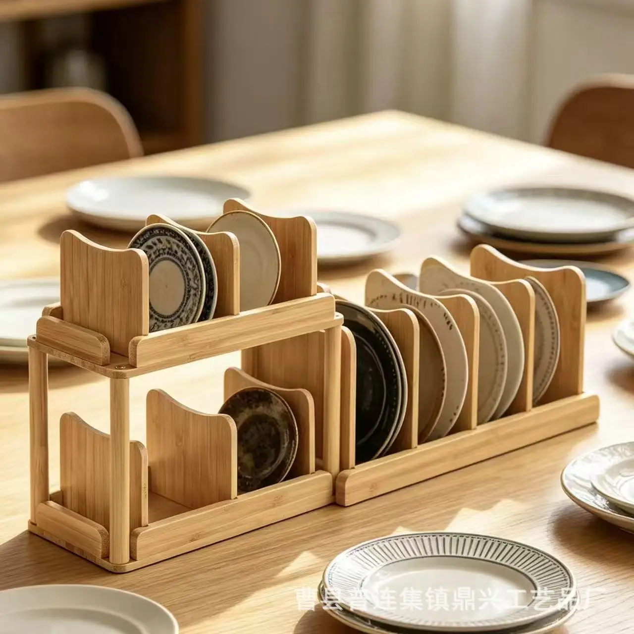 Solid Wood Two Tier Pot Lid Organizer Desktop Cookware Dish Divider Rack Bowls Plates Tea Accessories In Kitchen Cabinets Or On