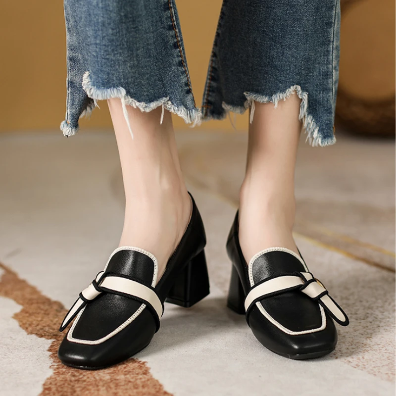 Women Retro Bowknot Loafers Spring Square Head Women Single Shoes Classic Thick Heels Soft Leather Female Pumps Zapatos De Mujer