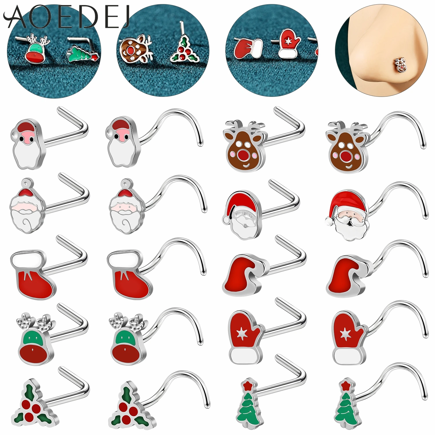 

AOEDEJ 10pcs/lot 20G Lovely Stainless Steel Nose Studs Women Men Nose Rings Santa Claus Deer Christmas Tree Nostril Piercing 7MM
