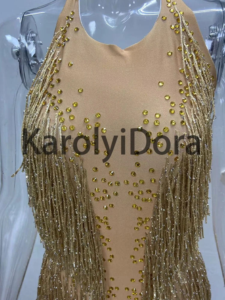 Sparkly Gold Tassel Rhinestones Glisten Beads Bodysuit Bar Dj Singer Dancer One-Piece Outfit Costume Stage Performance Leotard