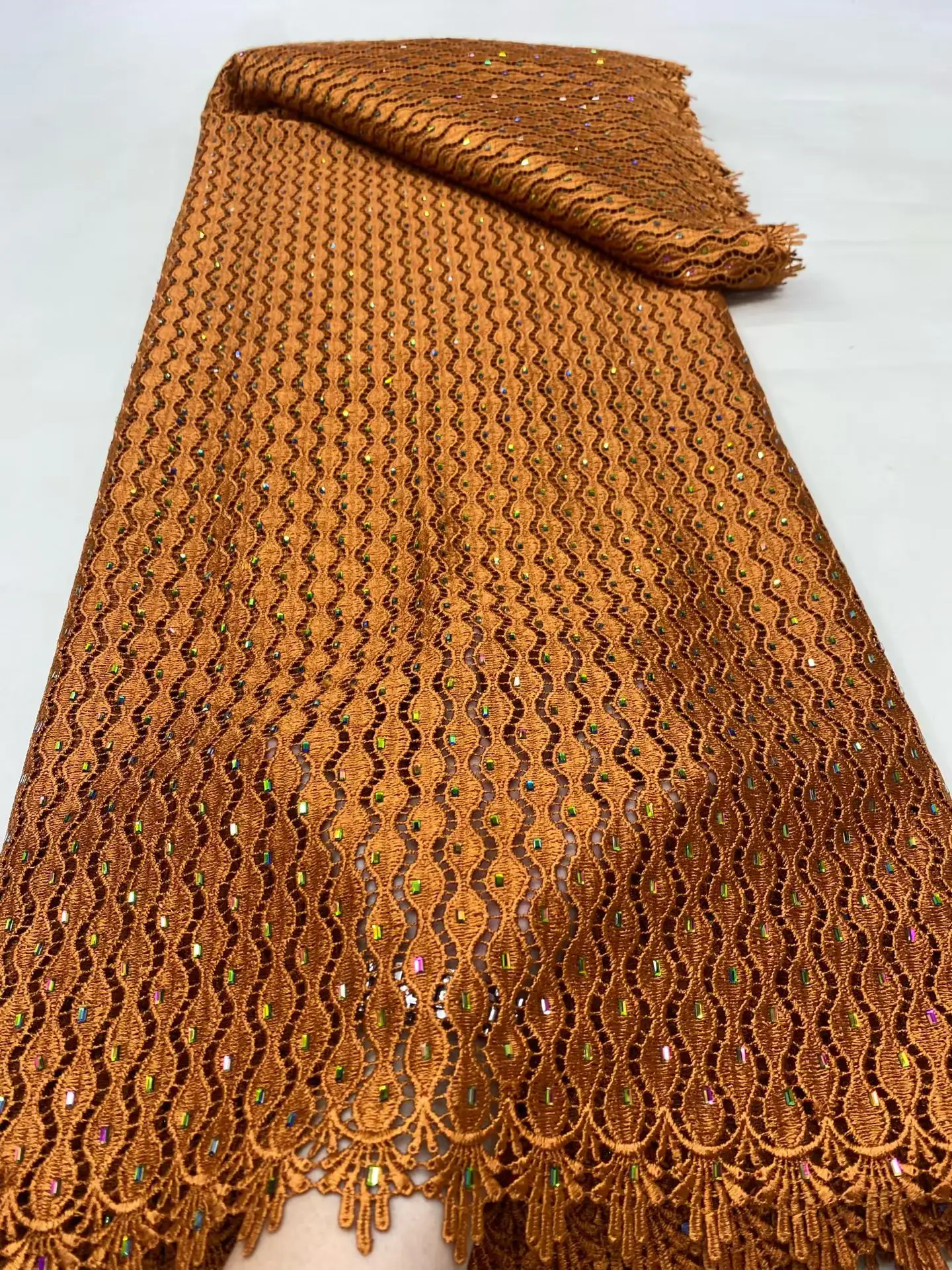 

High Quality 2025 Latest African Nigerian With Tulle Sewing Guipure Embroidery Lace Fabric Dresses Sequins 5Yards DP0457